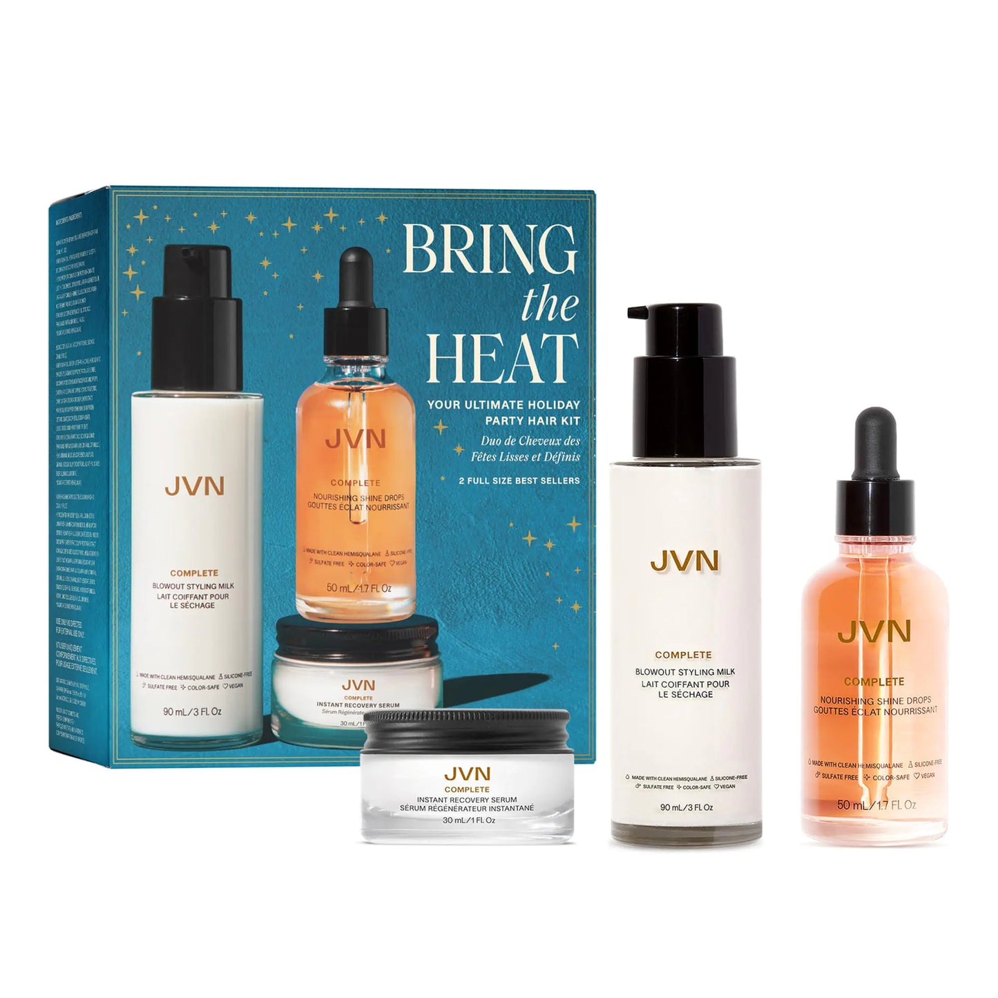 JVN Bring the Heat Hair Set Limited Edition for Smooth Shiny Frizz-Free Hair Includes Instant Recover Serum and Nourishing Shine Drops and Blowout Styling Milk 5.7 Fluid Ounces